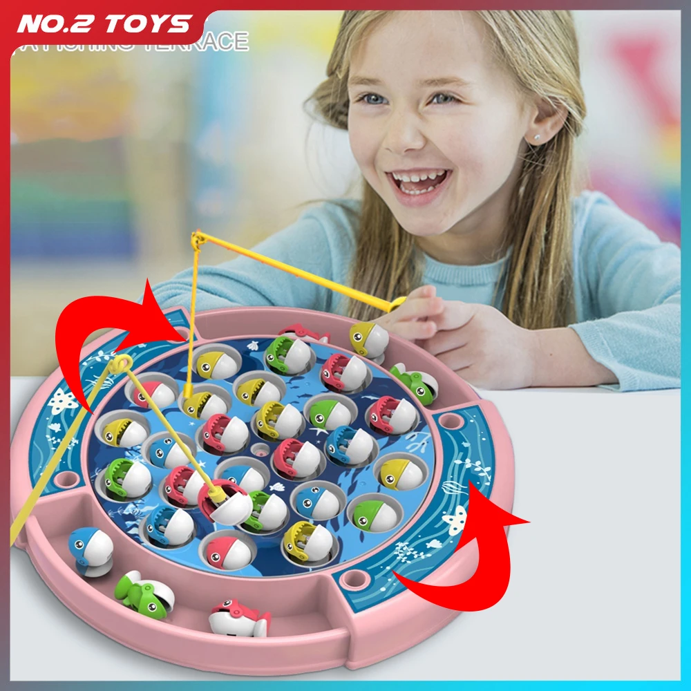 Kids Fishing Toys Electric Rotating Fishing Play Game Musical Fish Plate Set Outdoor