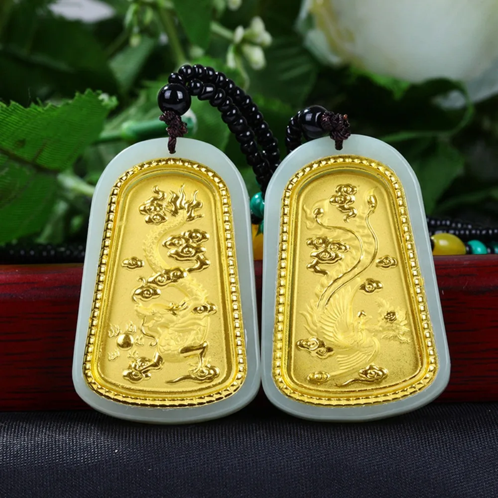 

1PCS Fine Natural Hetian Jade with 24K Yellow Gold Foiled Lucky Dragon Phoenix Pendant