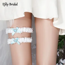 Efily Blue Bow Wedding Garter 2pcs/set Bride Dress Accessories for Women Party Rhinestone Lace Bowknot Bridal Leg Garter Gift