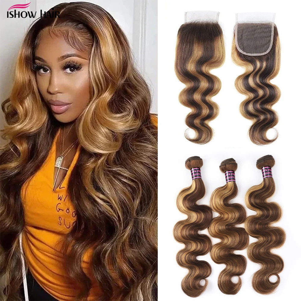 

Ishow Highlight Bundles With Closure 4x4 HD Lace Closure With Body Wave Bundles Brazilian Remy Human Hair Weave Hair Extentions