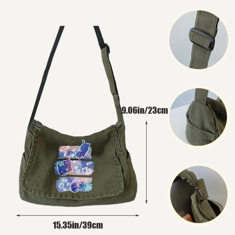 Casual Women's Shoulder Bag Quirky Cat Print Canvas Crossbody Bag Large Capacity for Daily Use Messenger Bag