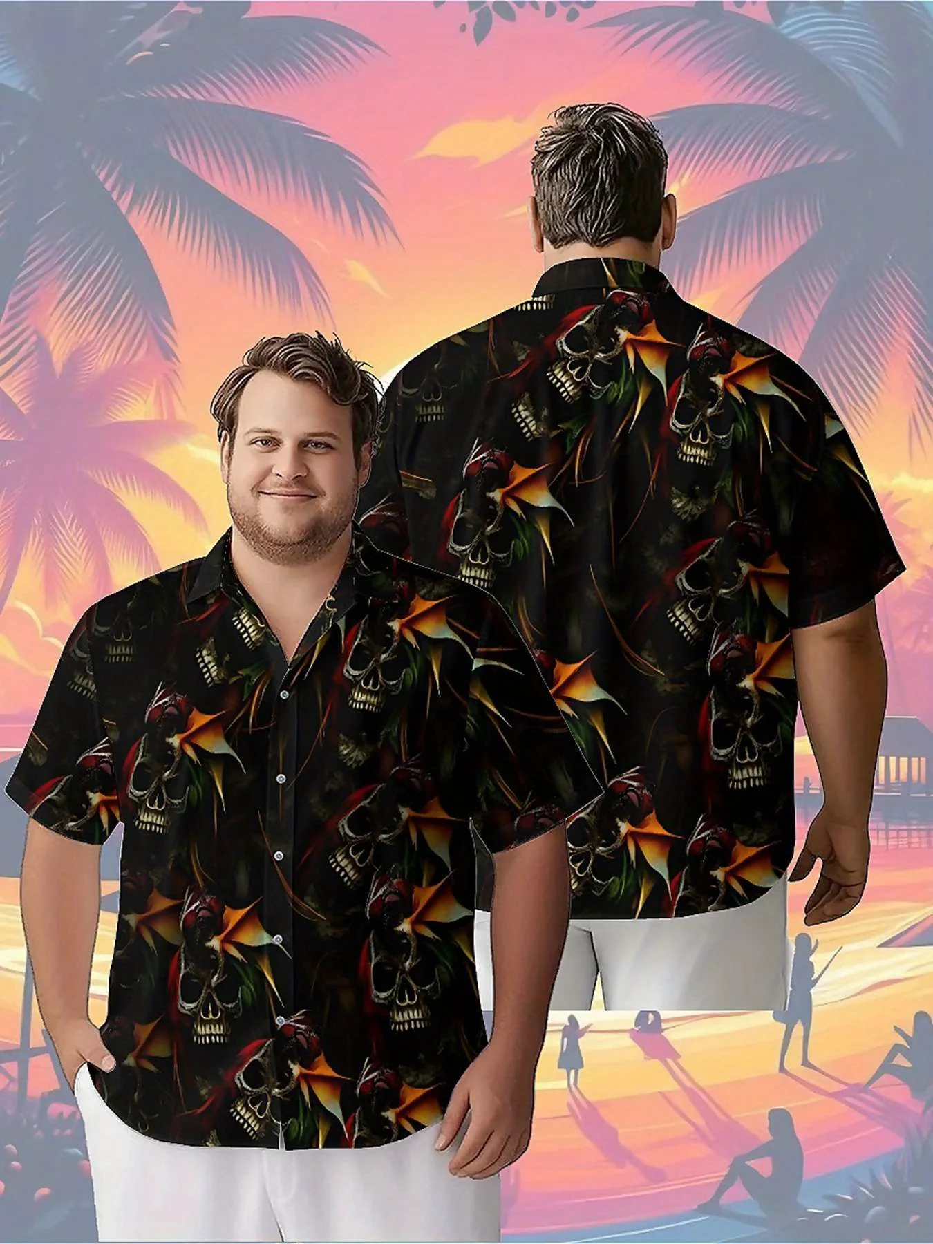 Men's Plus Size Hawaiian Shirts Dark Skull Theme pattern,Unisex Baggy Aloha Shirts,summer Alternative Clothing