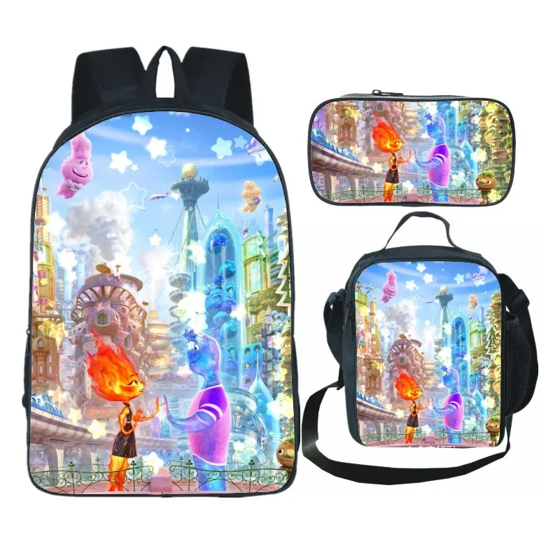3D Pritned Anime Elemental Backpack Lunch Bag Primary Middle School Students Boys Girls Cartoon School Bag Lunch Box Pencil Case