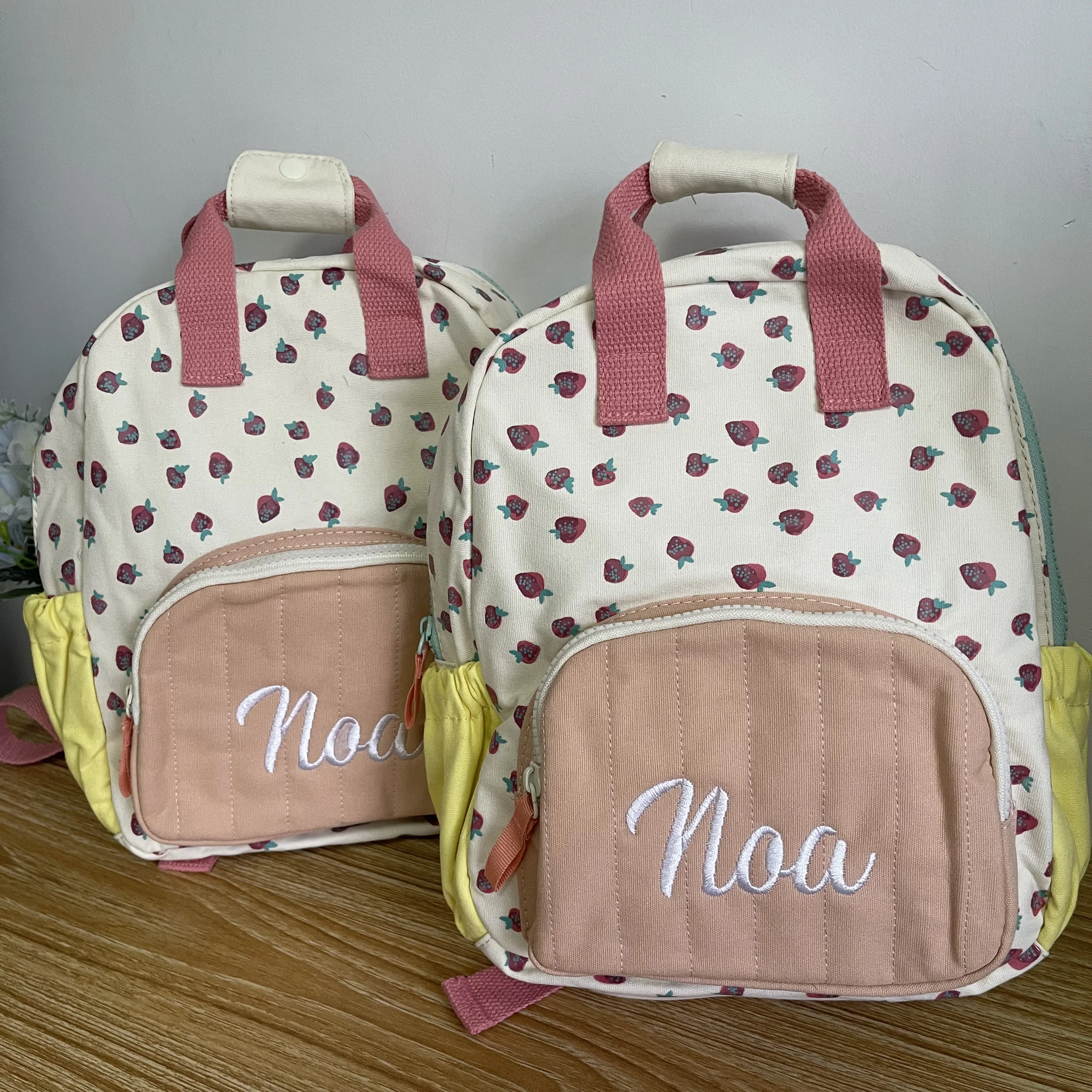 

Personalized Name Kids Strawberry Backpack Custom Primary School Schoolbag Girls Outgoing Snackbag New Cotton Canvas Backpack