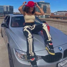 

Streetwear Women Black Denim Trousers Cyber Y2k Goth Pants Fall 2021 C82-EF60 Skeleton Patterned Low Rise Jeans