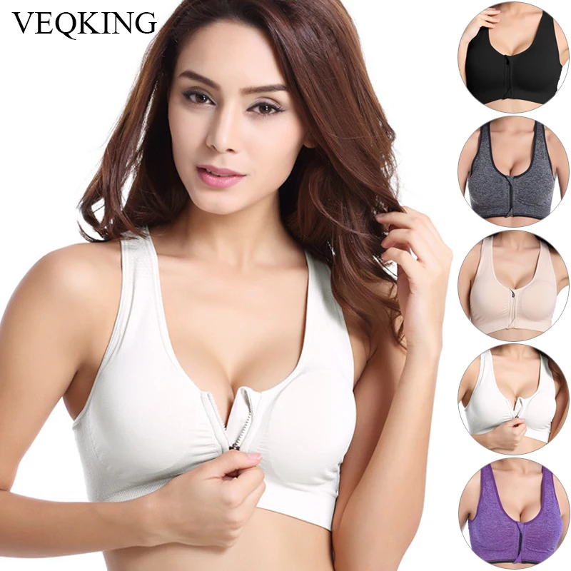 Women Sports Bra Zipper Push Up Padded Wirefree
