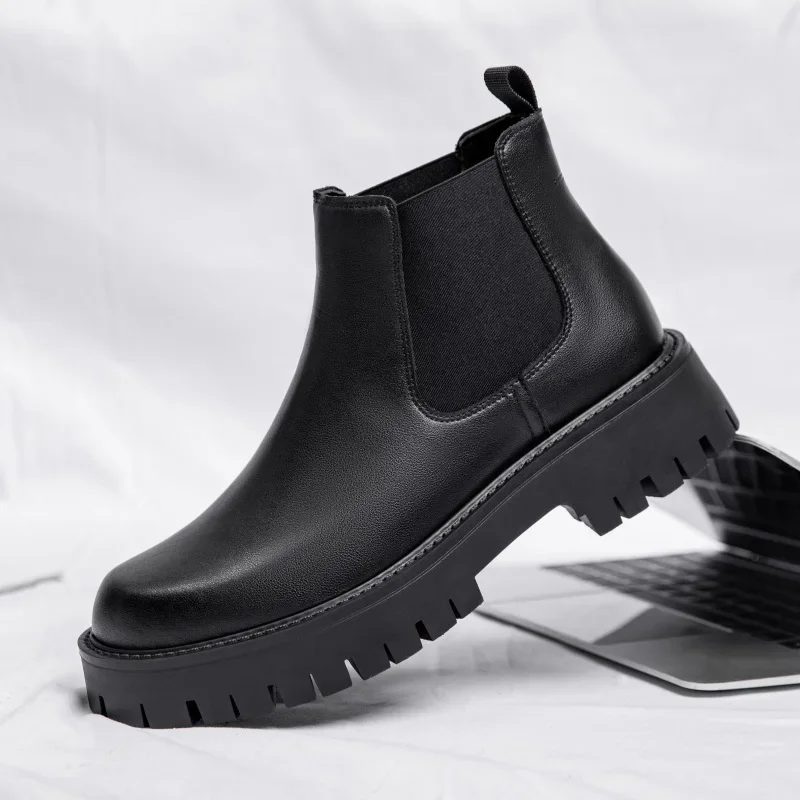 Italian Men's Boots High Top Outdoor Chelsea Boots Leather Ankle Men Platform Round Toe Boot