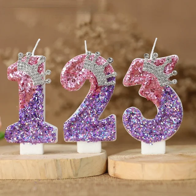 Bougies d'anniversaire 0-9 chiffres strass couronne paillettes filles gâteau décoratif rose violet bougie pour décoration de gâteau fête d'anniversaire 2