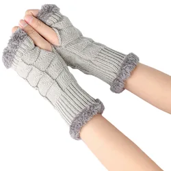 Cozy Wool Knit Fingerless Furry Gloves for Women - Autumn Winter Fashion Warmers (Light Gray)