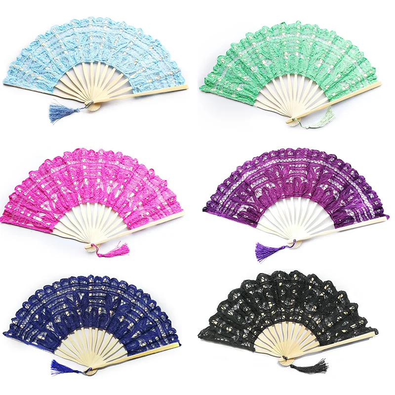 14 Color Embroidery Chinese Dance Hand Fan Party Wedding Prom Bamboo Hand Folding Lace Fabric Retro Craft Gift Fan Home Decor Folding Fan Hand Fan