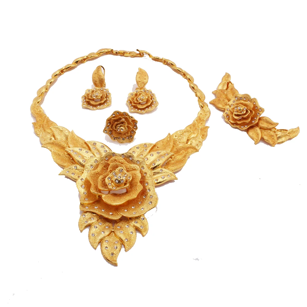 

Women Jewelry Set Collar Necklace+Bracelet+ Earrings+Ring Big Flower 24k Arabia Indian Dubai African Bridal Wedding Party Gift