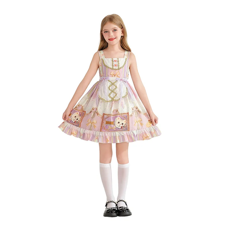 Children Sweet Lolita Dress Women Vintage Gothic Printed Summer Sleeveless Dress Japanese BowBear Kawaii Princess Maid JSK