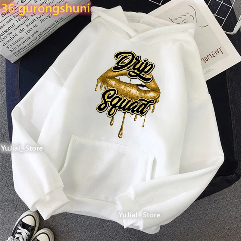 Red Lips Birthday Drip Graphic Print Cap Hoodie Women\'S Clothing Drip Squad Sweatshirt Femme Fashion Long-Sleeved Tracksuit