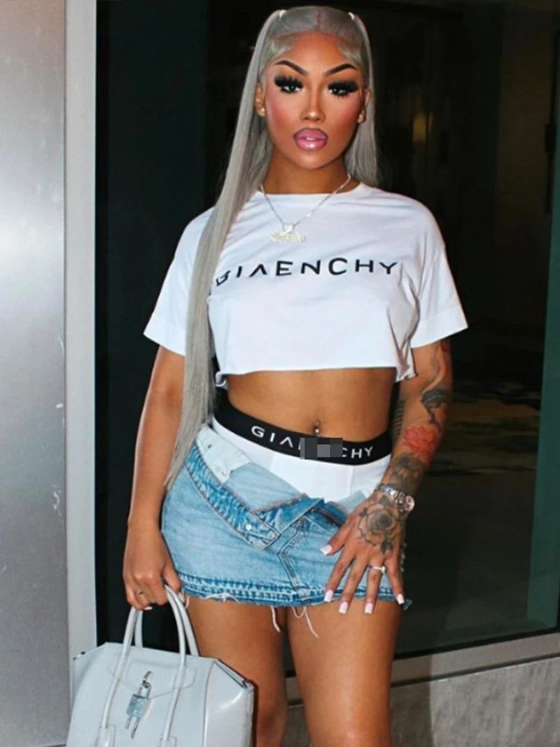 

STYLISH LADY Letter Printed Sporty 2 Piece Set Women Tracksuits 2023 Summer Short Sleeve Crop Top and Shorts Suits Casual Outfit