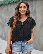 

Elegant Women Loose Solid Color Blouse Top Summer Vintage Short Sleeve Hollow Out V-Neck Shirt Black White Female Clothes 2022