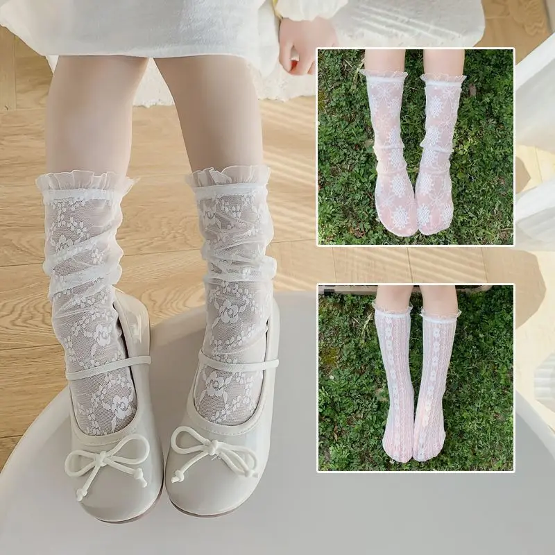 Summer Baby Sweet White Calf Socks for Girls Lace Ruffle Floral Sock for Child Fishnet Princess Soft Thin Sock Cloth Accessories