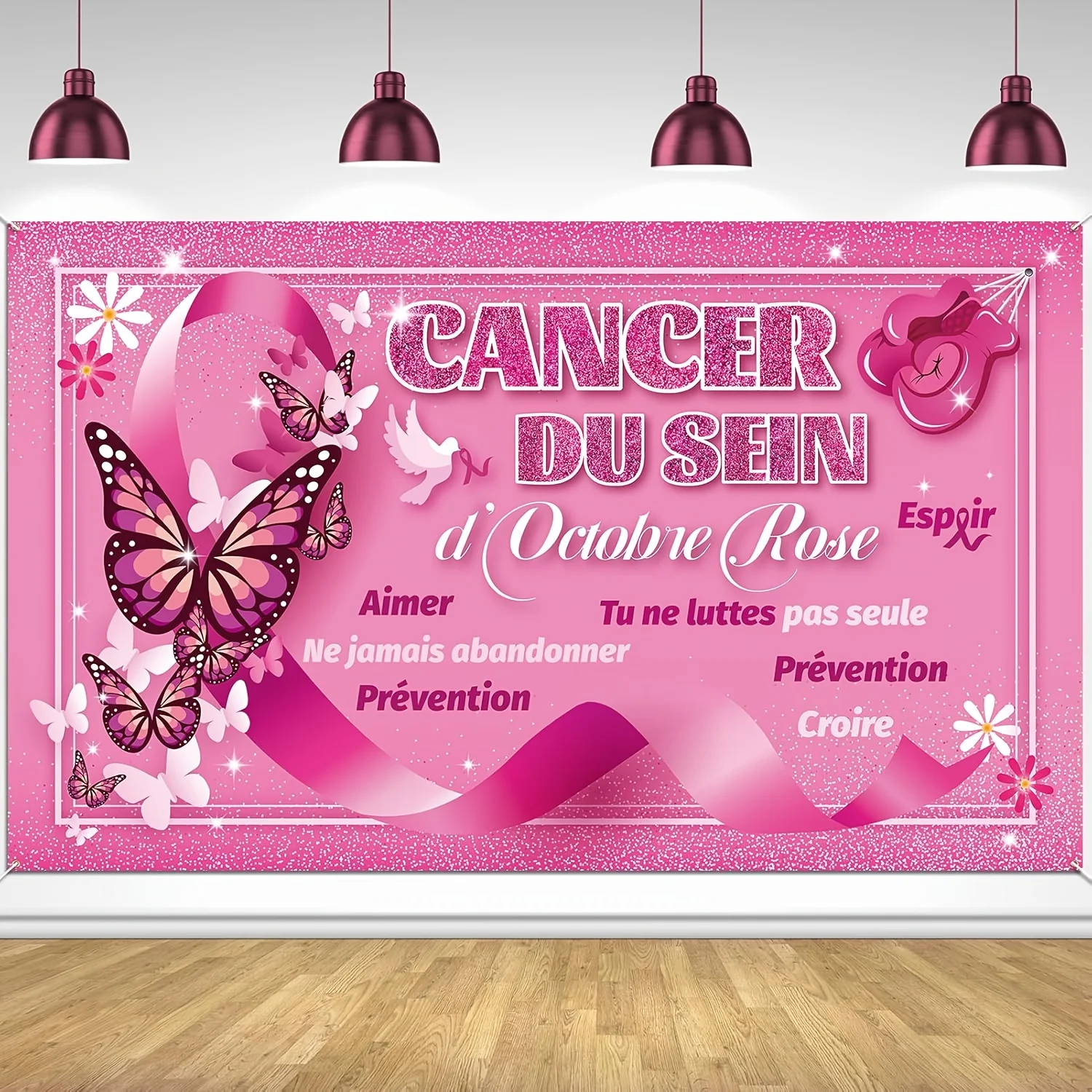 Breast Cancer Awareness Party Banner Backdrop Ruban Rose Party Decorations Love Hope Faith Strength Background Cancer du Sein Aw