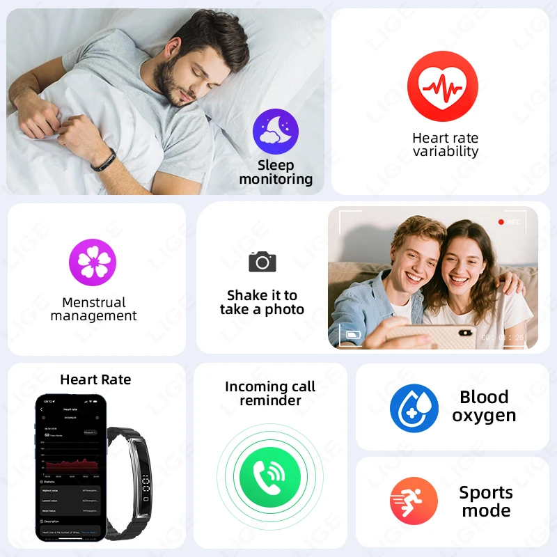 LIGE Sport Fitness Tracker Smart Bracelet Heart Rate Blood Oxygen Sleep Monitor Watches Call Reminder Smartwatch Pedometer Band