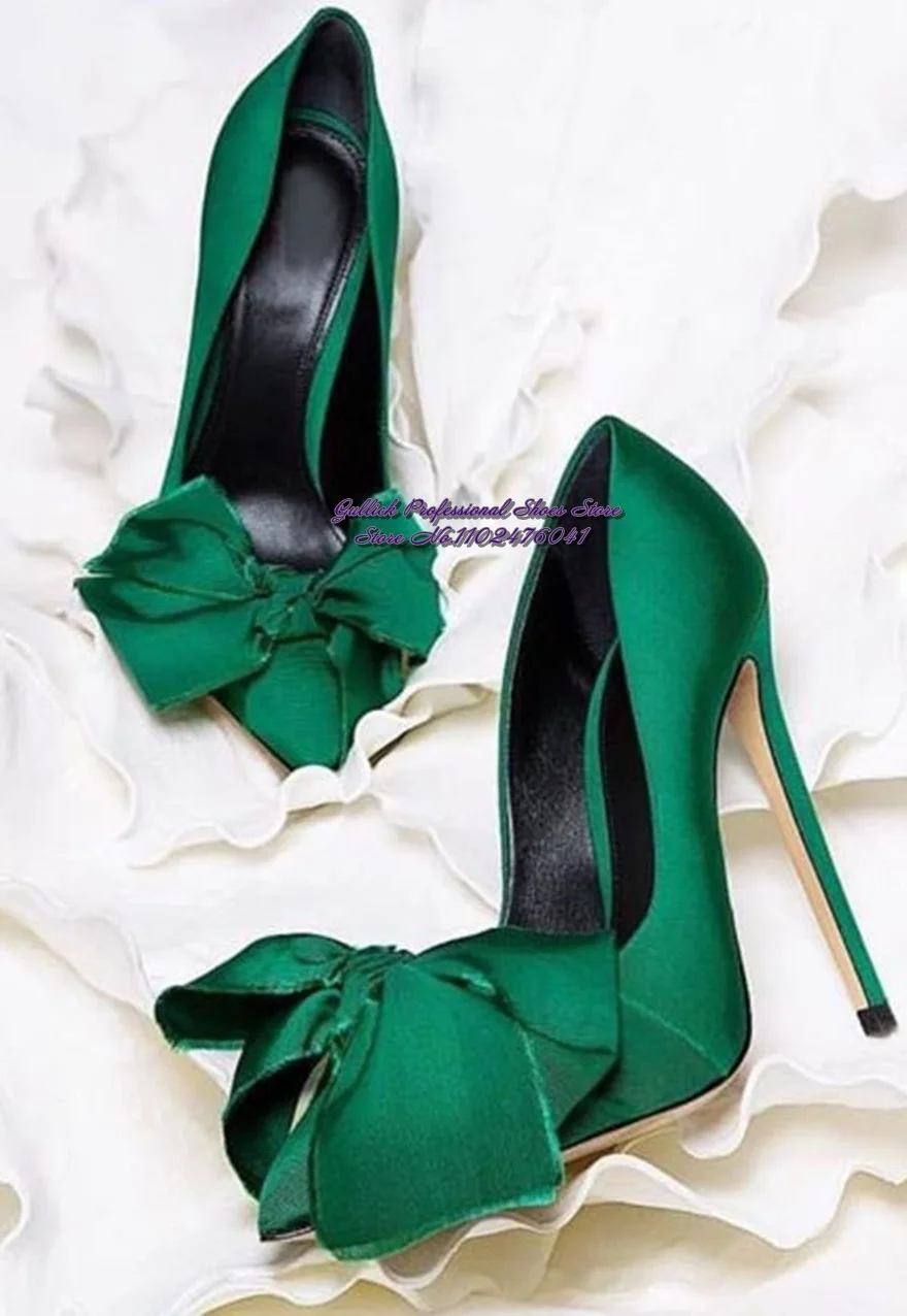 

Women Dark Green Satin Cloth Butterfly-Knot High Heel Shoes 12cm 10cm 8cm Stilettos Shallow Pumps Bowtie Slip-On Party Heels