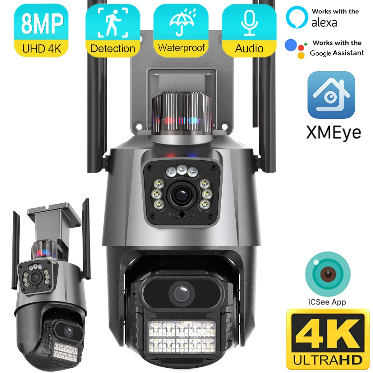 4K 8MP WiFi PTZ IP Camera Dual Lens &Screen Auto Tracking Outdoor Waterproof Security Video CCTV Surveillance Camera Light Alarm