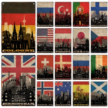 Vintage Flag Metal Tin Sign Cityscape Poster Plaque Tin Painting Living Room Club Patio Wall Art Home Decor Board Mural Gift