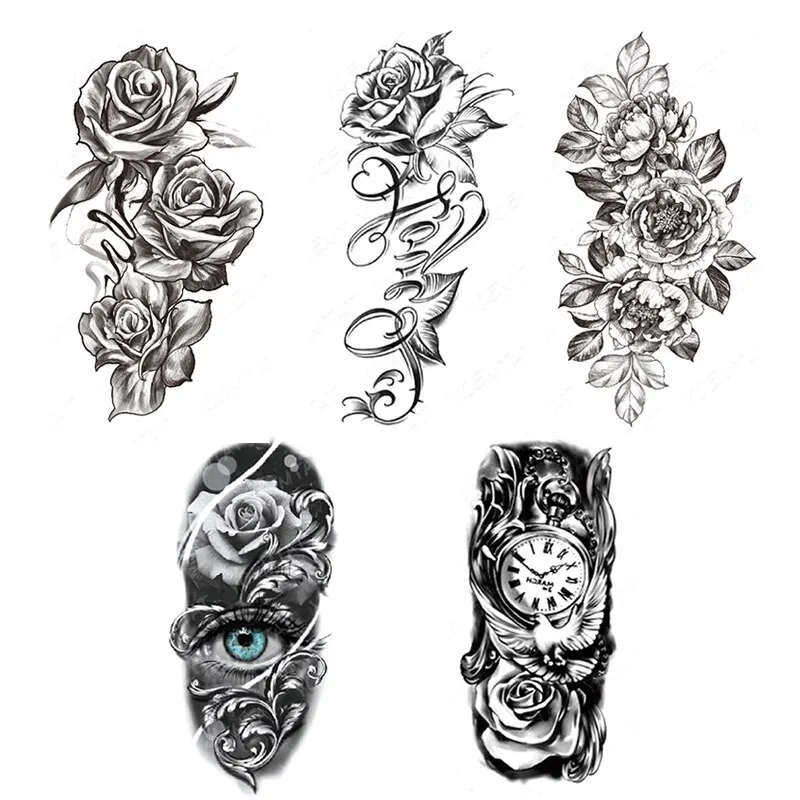 5PCS Wolf Lion Waterproof Temporary Tattoo Sticker Tiger Rose Flower Dragon Snake Skull Animal Body Art Arm Fake Tatoo Men Women 6