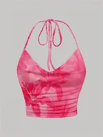 Haut à licou imprimé Tie-dye pour femmes, vêtements d'été Y2K, Sexy, dos nu, drapé, col en v, haut court, Streetwear 3