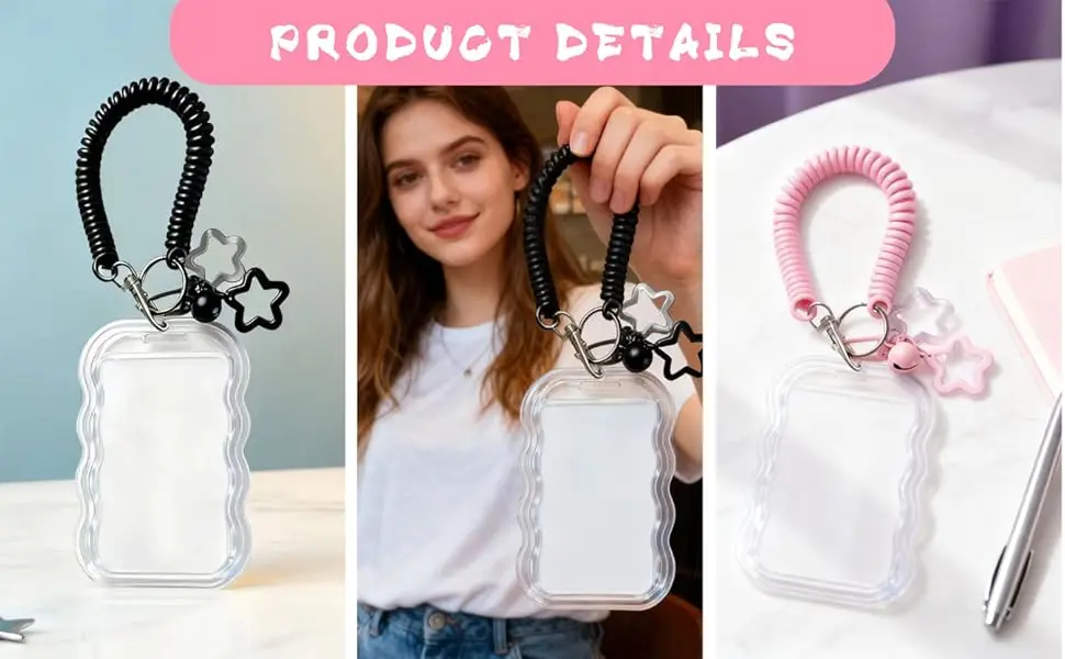 2er-Pack Niedlicher Fotokartenhalter Schlüsselanhänger Kpop Fotokartenhalter, Transparenter PC-Halter mit Sternwellen-Design für Bus- und Studentenausweise – Detail 3