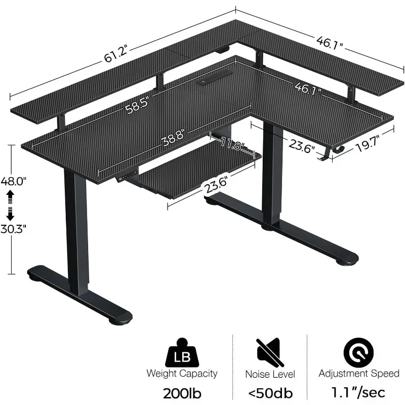 L-shaped Standing Desk with LED Lights and Power Outlets, Dual Motor Height Adjustable, Monitor Stand and Keyboard Tray 3