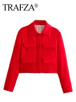 TRAFZA Spring Jacket For Women Slim Cropped Coat Elegant Solid Long Sleeve Jacket Front Flap Pocket Outerwear Fashion Streetwear 1