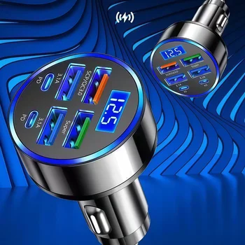 Caricabatteria da auto 6in1 Ricarica super veloce 4 porte USB 2 USB C multi con monitor digitale di tensione per accendisigari per auto