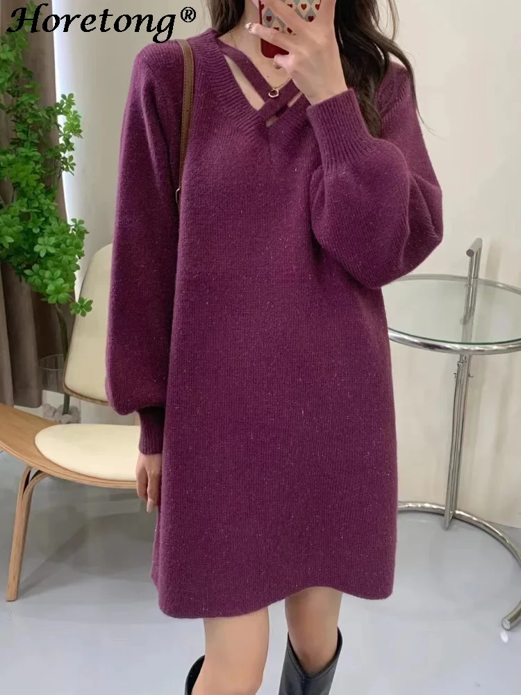 

Horetong Knitted Midi Sweater 2023 Women Autumn Winter Hollow V-neck Long Sleeve Loose Sweaters Vintage Casual Solid Jumpers