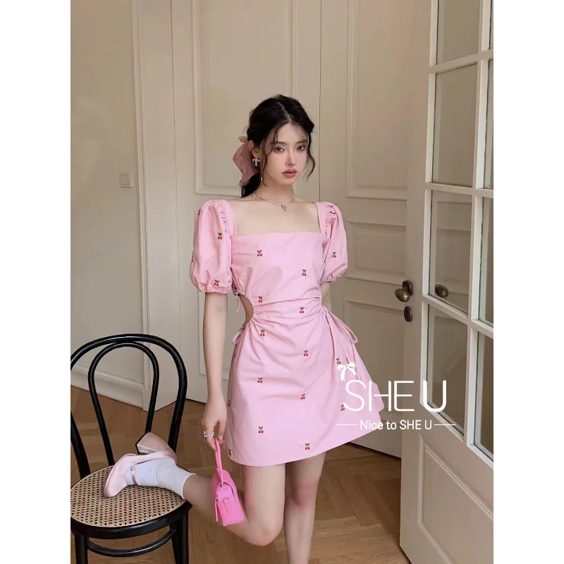 

Pink Cherry Fragmented Flower Square Neck Bubble Sleeve Backless Dress for Women Summer New Pure Lust Girl Sexy Short Skirt