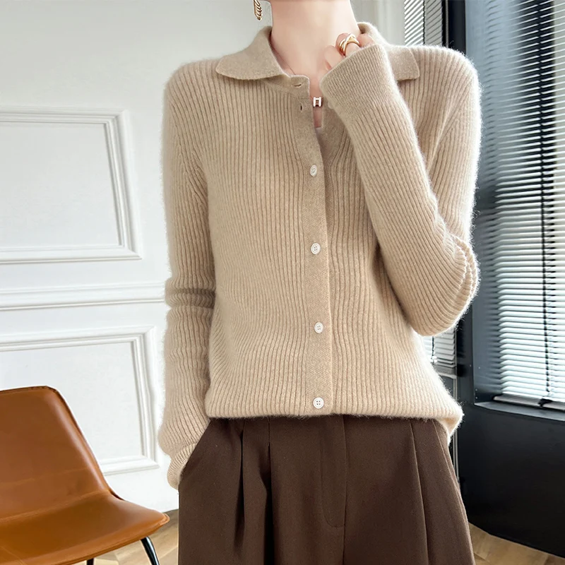 New women's sweaters in autumn and winter 100% merino wool POLO neck thick pullover cardigan fashion luxury solid color long sle 4