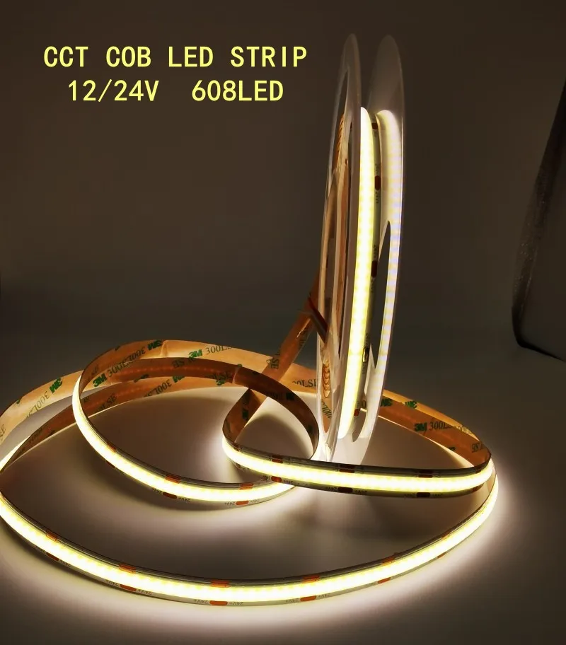 CCT COB LED Strip 12/24V 608leds/m High Density Dual Colour Warm Cool White Dimmable Linear Lights Flexible Tape RopeLight 5M