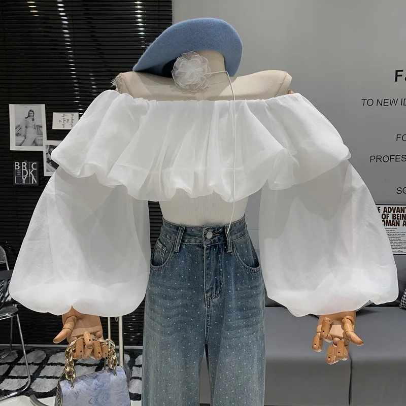 

Блузка женская с открытыми плечами и длинными рукавами-фонариками