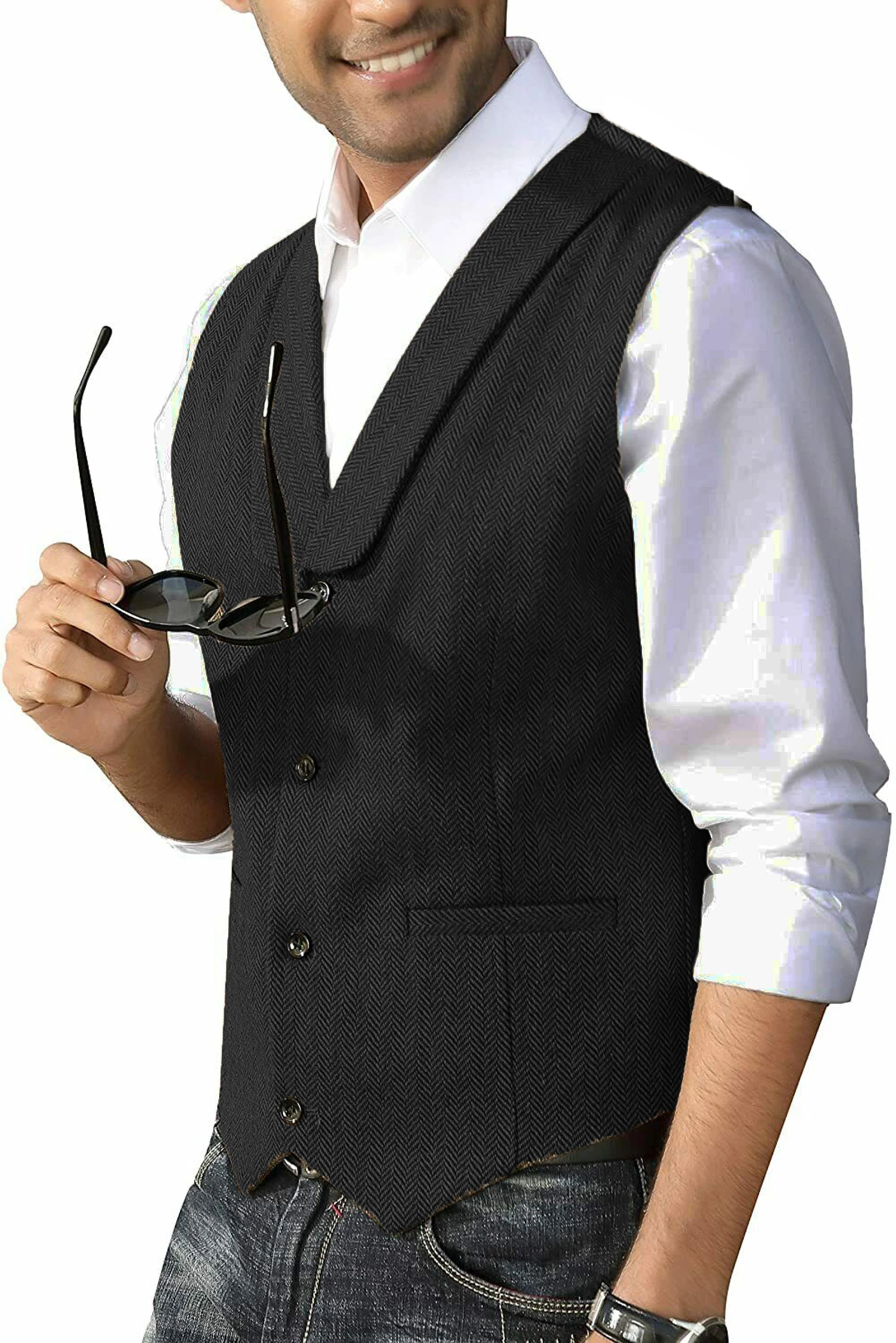 

Herringbone Men Vest Black Shawl Lapel Wool Tweed Cloth Waistcoat For Wedding Party Dinner Work Suit
