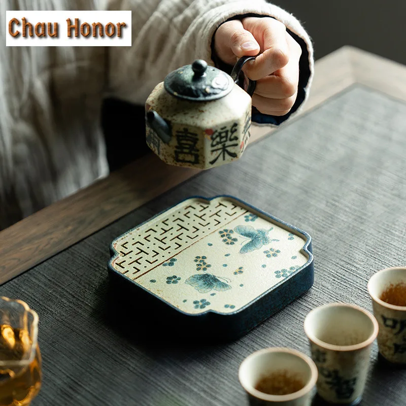 Blue And White Flint Red Square Tea Tray Handmade Gold Drawing Butterfly Water Storage Dry Bubble Tray Teapot Base Tea Ceremony