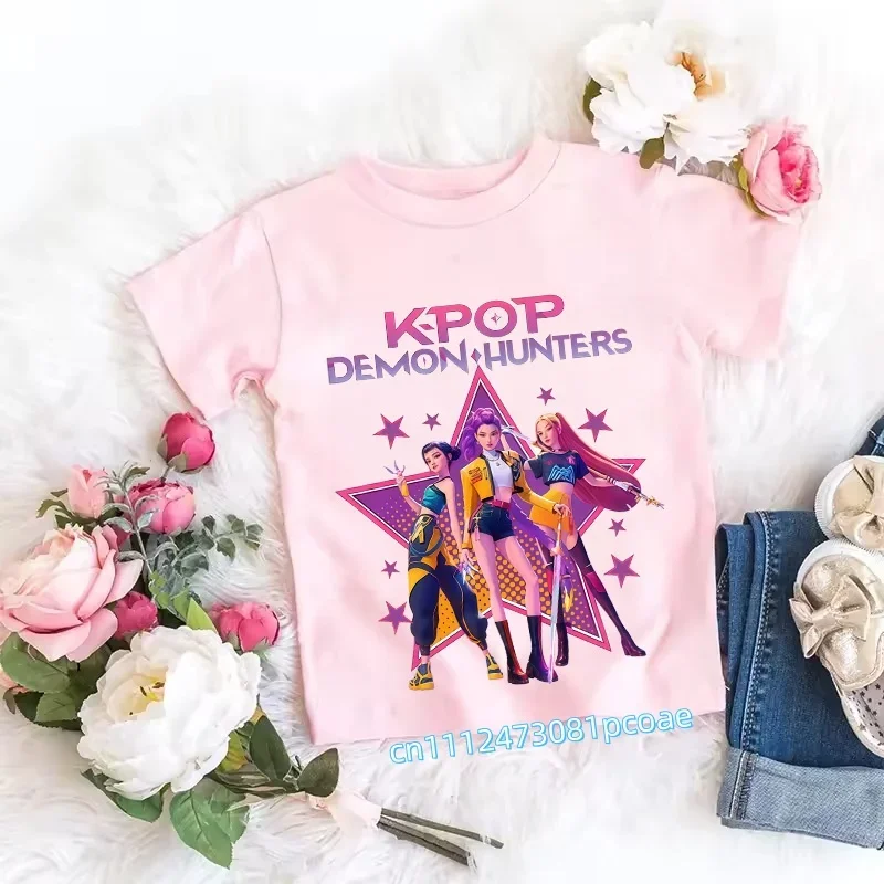 Children's Anime-Inspired Demon Hunters T-Shirt - K-pop Cartoon Pattern, Casual Girls' Top, Gift Option