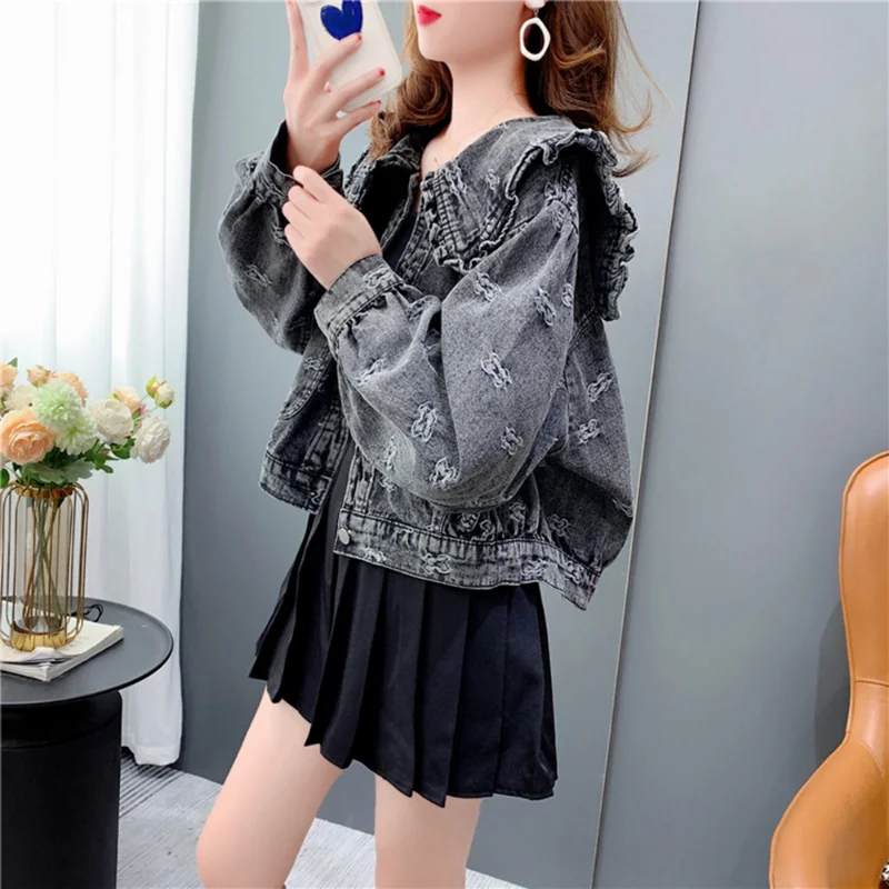

Korean Style Sweet Ruffles Women's Short Denim Jacket Ladies Peter Pan Collar Retro Jean Coat for Long Sleeve Outwear Tops 2023