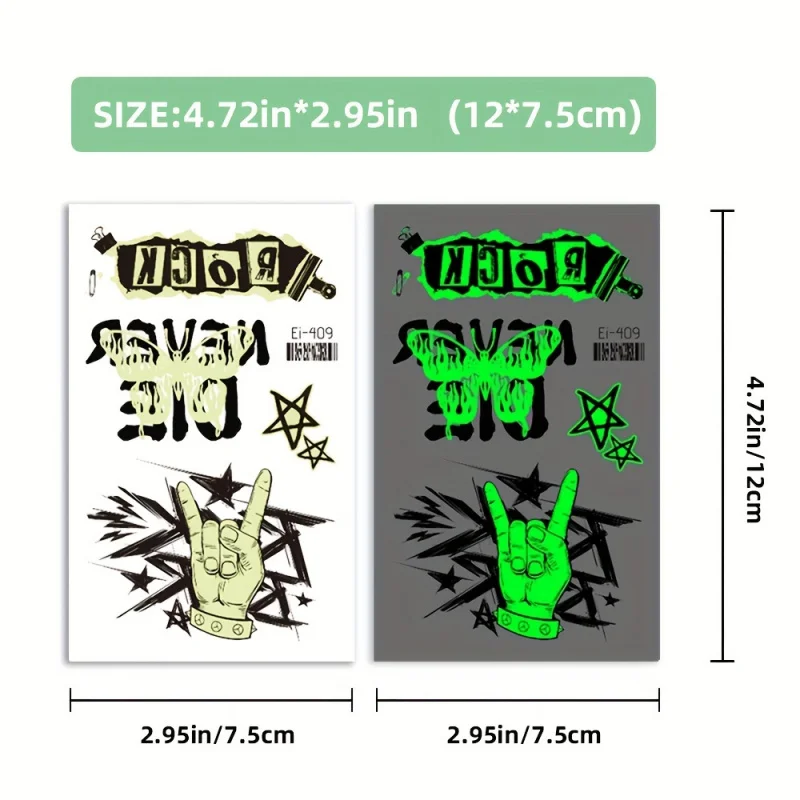 12-Pack Glow-in-the-Dark Rock Style Temporary Tattoo Stickers-Guitar, Skull. Suitable for music theme parties and nightclub