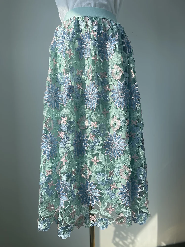 JIAMI Hollow Embroidery Vintage Long Skirt High Quality Flower Luxury Skirt Large Hem Elegant Party Fairy Style Women Clothes