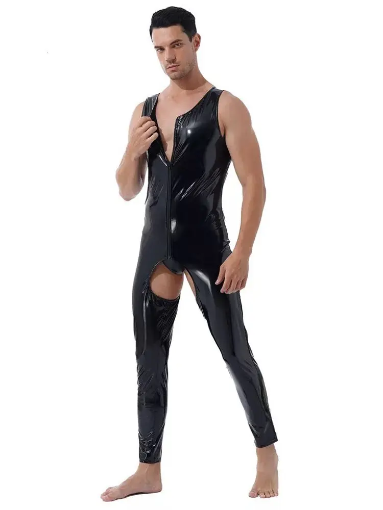 S-7XL Sleeveless Wet Look PVC Catsuit Shiny PU Leather Open Crotch Bodysuit Tights Sexy Leotard Conjoined Hot Shapers Jumpsuit Cosplay Costume Latex Lingerie Women Bondage Lingerie