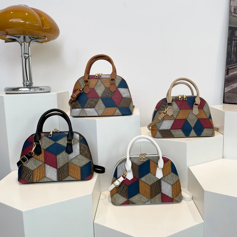 New Women Shell Crossbody Bag Contrast Color PU Leather Shoulder Bag Large Capacity for Shopping Small Handbags