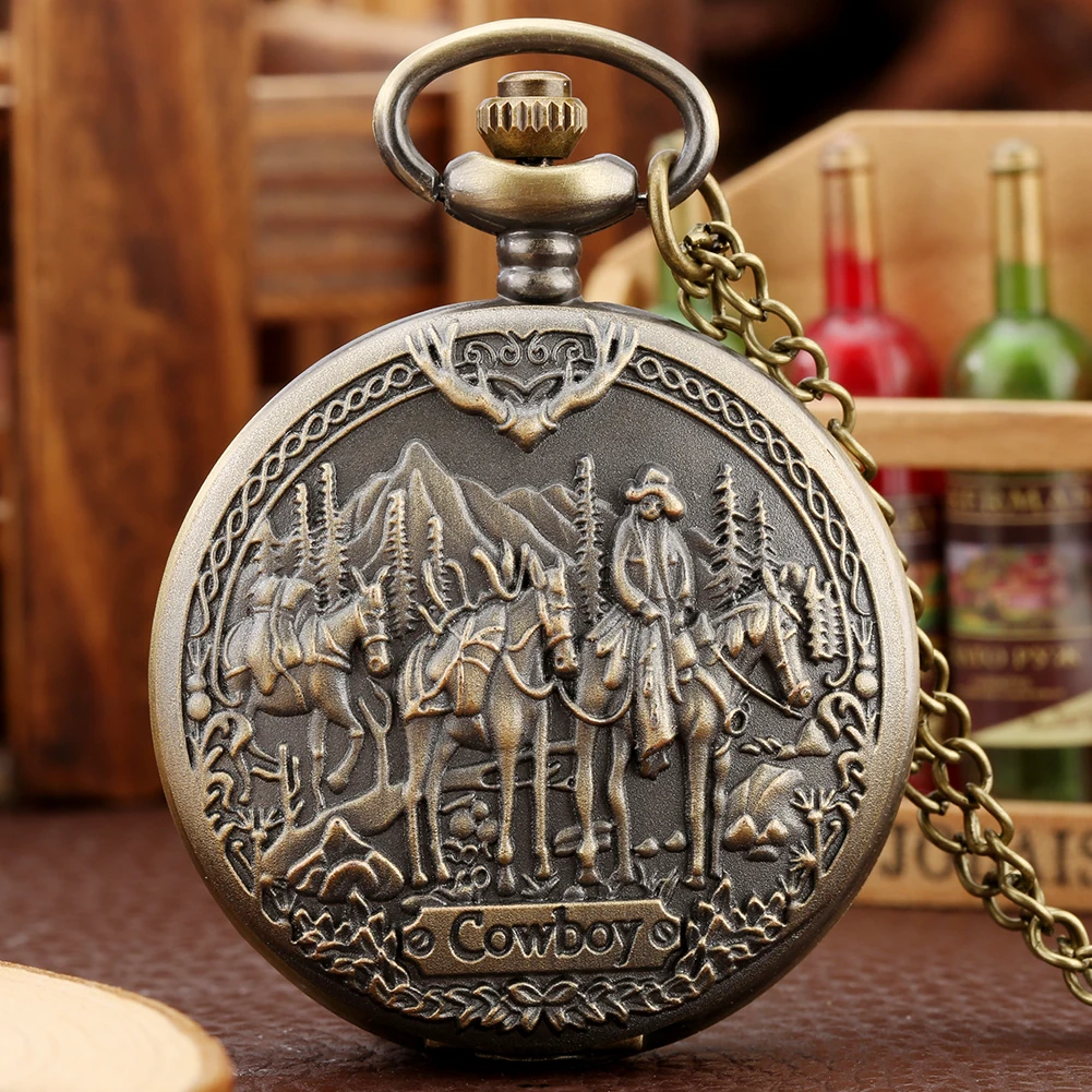 

Hot Retro Bronze Cowboy Quartz Pocket Watch with Necklace Pendant Clock Arabic Numerals White Dial Vintage Timepiece Gift