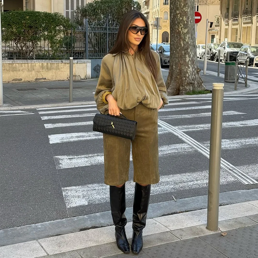 Army Green Khaki Yellow Three Color Turn Down Collar Long Sleeves Women Loose Solid Puff Pilot Jacket Coat ZATT 2025 Spring New