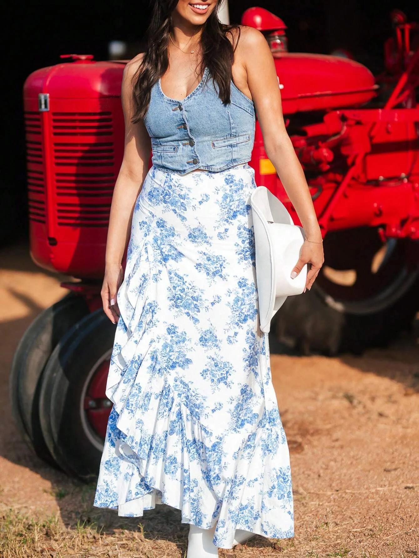 Women's White Blue Floral Maxi Skirt with Ruffled High Slit Bohemian Western Style Ideal for Summer Outings 3