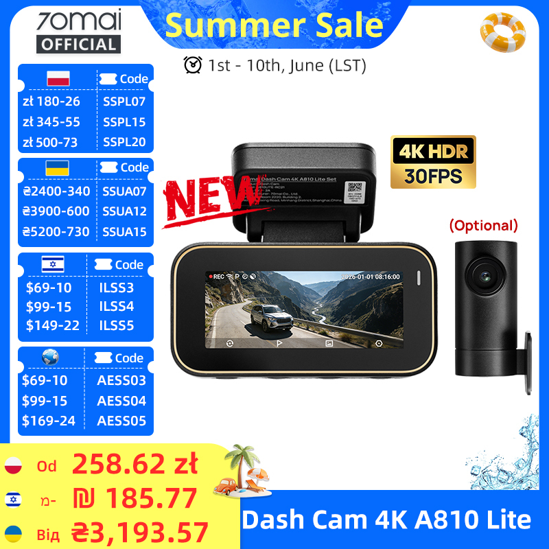  70mai New Genuine Dash Cam 4K A810Lite HDR Supercapacitor 4G LTE Remote Control Wi-Fi 6 GPS Voice Control Car DVR 70mai A810Lite 