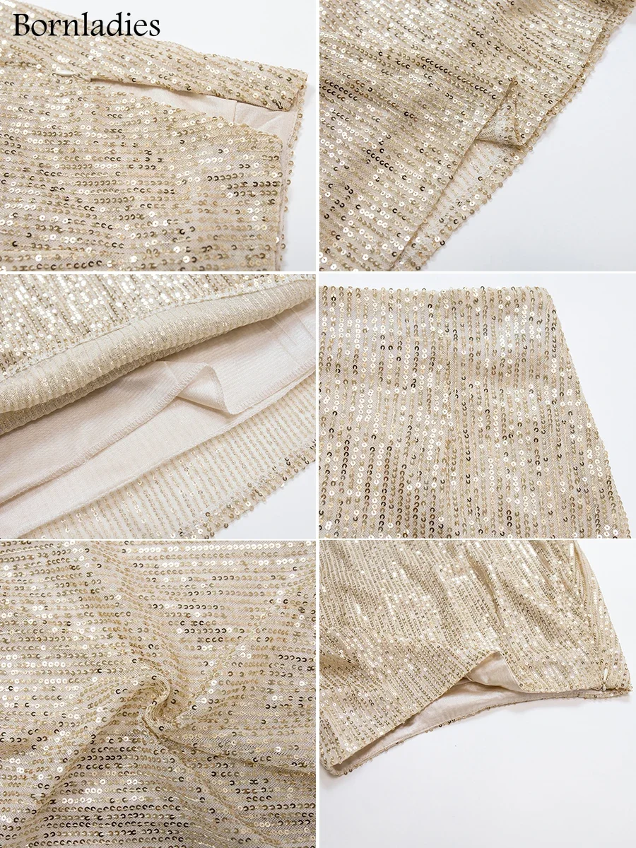 Bornladies Elegant Silk Sequins Women Skirt 2025 Dropped Waist Long Skirts Streetwear Classic Skirt Fashion Female Clothing