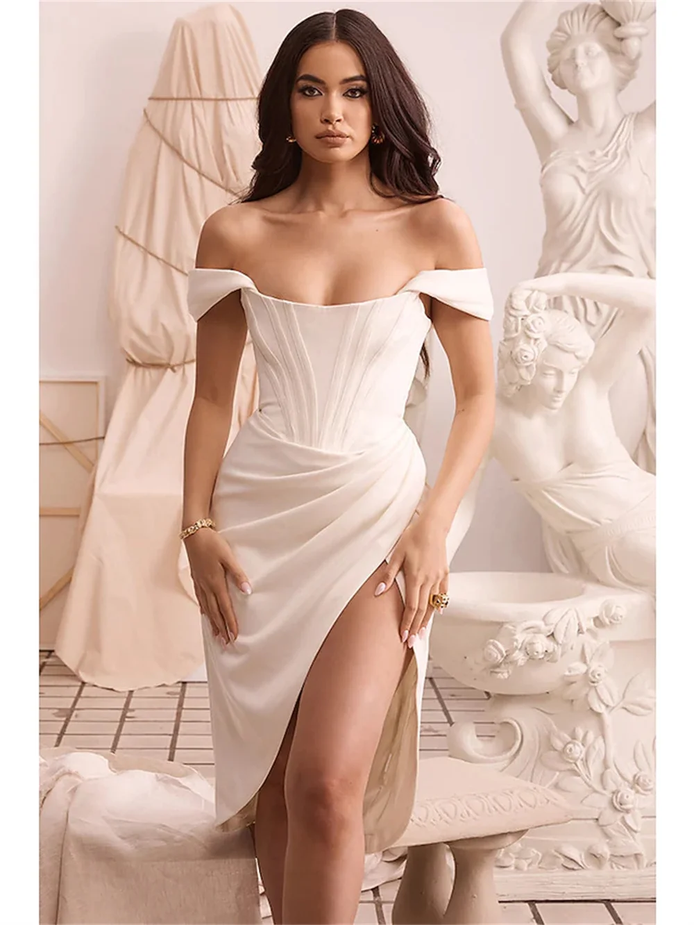 

New Sheath/Column Corsets Sexy Bodycon Party Wear Cocktail Ladies Dresses Off-The-Shoulder Asymmetrical Stretch Satin With Slit